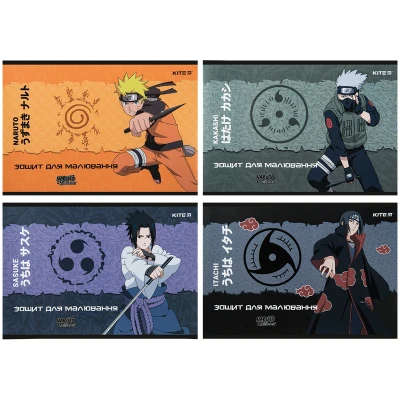Зошит для малювання, 12 арк., скоба, гібр. лак + УФ лак, Naruto NR23-241 Kite