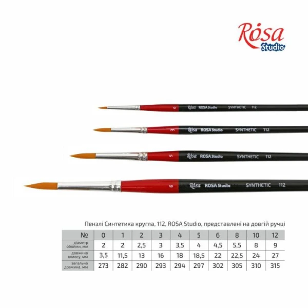 Набiр пензлiв 12, синтетика, 6шт., плоска (№2,5,10), кругла (№1,3,5) к.р., ROSA Studio