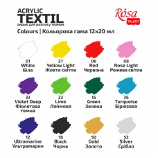 Набір акр.фарб для розпису тканин HEART, 12кол., 20мл, в т.ч. 2металіка, ROSA Talent