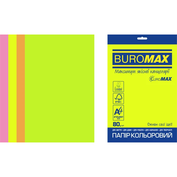 Набір кольорового паперу NEON, EUROMAX, А4, 80г/м2, 4х50/200арк. BM.27215200E-99