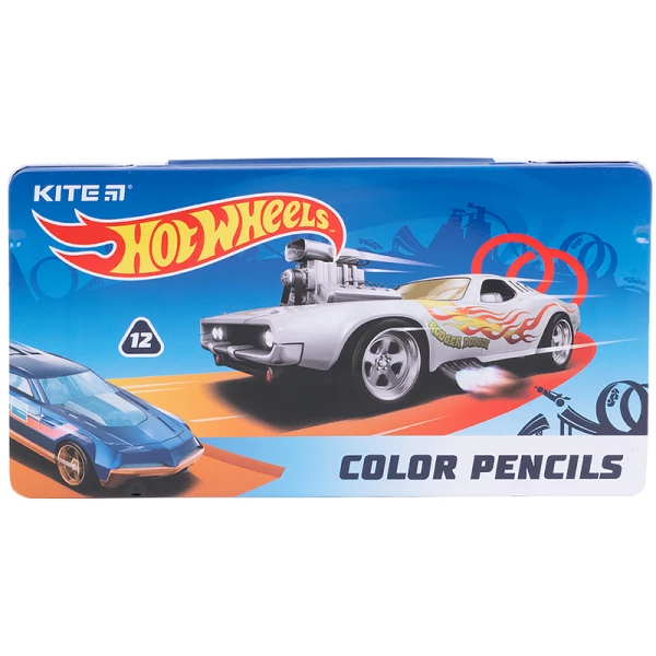 Олівці кол. тригранні, 12 шт., мет.пенал Hot Wheels HW21-058 Kite