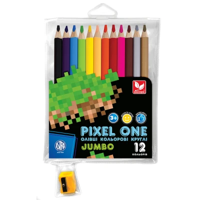 Олівці кольорові круглі Джамбо Pixel One 12 кольорів + чинка 312221005-UA Школярик