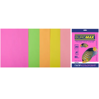 Набір кольорового паперу А4, 80г/м2, NEON, 5кол. 20арк., BM.2721520-99