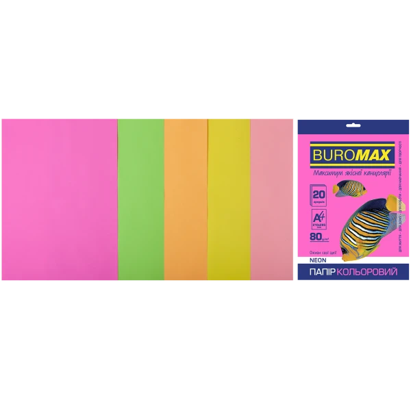 Набір кольорового паперу А4, 80г/м2, NEON, 5кол. 20арк., BM.2721520-99